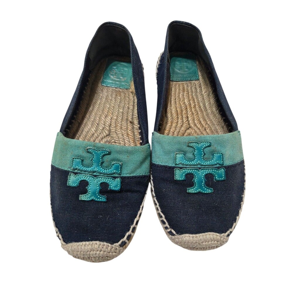 Tory Burch Weston Island Turquoise & Navy Espadrille Flats Size 8 - Picture 1 of 10